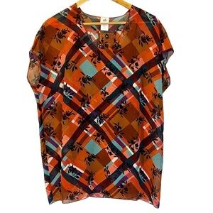 CAbi‎ Lattice Top Floral Checkered Boxy Blouse S Academia Office Business